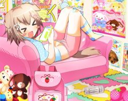 >_< 1girl 2000s_(style) :d adorable ahoge animal_ears anime_coloring azuki_(cinnamoroll) baby_animal backpack bag banana bandaid bandaid_on_leg biscuit blue_shirt blue_socks blush_stickers bone_hair_ornament brown_hair can cellphone chiffon_(cinnamoroll) cinnamoangels clip_studio_paint_(medium) closed_eyes commentary cookie copyright_name couch cute dog dog_ears dog_girl dog_tail english_commentary fang faux_retro_artstyle foam_mat foam_puzzle_mat food food-themed_hair_ornament food_print food_themed_hair_ornament fruit fruit_print fuwa_fuwa_cinnamoroll hair_ornament hanausa heart heisei heisei_retro highres holding holding_phone indoors jojifuku kawaii korilakkuma kuroussa laughing mamegoma mamegoma_(san-x) merchandise midriff mocha_(cinnamoroll) momousa_(sugarbunnies) monster_energy navel onlinepetclub open_mouth original phone pillow pink_bag pink_shorts polka_dot polka_dot_shirt poster_(object) puppy rabbit san-x sanrio seal seal_(animal) sharp_teeth shirousa_(sugarbunnies) shirt short_hair short_sleeves shorts slice_of_life smartphone smile socks solo star_(symbol) strawberry_hair_ornament strawberry_print striped_clothes striped_socks stuffed_bunny stuffed_toy sugarbunnies teacup teddy_bear teeth two-tone_socks unworn_slippers usahana wan_wan_wanco wanwan_(onlinepetclub) wholesome xd yellow_socks yume_kawaii