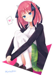  1girl asahiyama_high_school_uniform black_jacket black_ribbon black_shoes blue_eyes blunt_bangs blush breasts butterfly_hair_ornament c: closed_mouth collared_shirt commentary convenient_leg dress_shirt eyebrows_hidden_by_hair eyelashes full_body go-toubun_no_hanayome green_skirt hair_ornament hair_ribbon heart highres hugging_own_legs j@ckall jacket large_breasts loafers medium_hair miniskirt nakano_nino open_clothes open_jacket own_hands_together pink_hair pleated_skirt ribbon school_uniform shirt shoes simple_background skirt sleeves_past_wrists smile solo speech_bubble spoken_heart squatting straight_hair thigh-highs tsurime twitter_username two_side_up v_arms white_background white_shirt white_thighhighs 