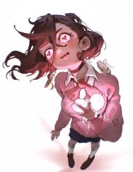  0mou_art 1girl artist_name ayase_momo black_choker blush breasts broken_heart brown_hair brown_shoes choker collared_shirt commentary dandadan earrings full_body hair_between_eyes heart heart-shaped_pupils highres holding holding_heart jewelry medium_breasts medium_hair neck_ribbon open_mouth pink_sweater pleated_skirt red_ribbon ribbon shirt shoes simple_background skirt socks solo standing sweater symbol-shaped_pupils white_background white_shirt white_socks 