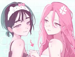  2girls alien_stage arrow_(symbol) bare_shoulders black_camisole black_hair camisole commentary english_commentary goby_son hairband hello_kitty highres long_hair mizi_(alien_stage) multiple_girls pink_hair ponytail sanrio short_hair short_ponytail sua_(alien_stage) tile_wall tiles violet_eyes white_hairband 