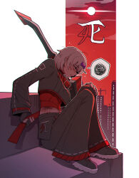  1girl black_jacket black_shoes bow cropped_jacket hair_bow highres jacket kira_(project_moon) knees_up limbus_company misg1111 project_moon purple_bow red_shirt scar scar_on_face shi_association_east_uniform shirt shoes short_hair sitting solo spoken_squiggle squiggle sweat white_hair 