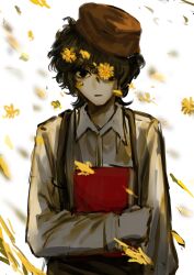  1boy belt beret black_eyes black_hair book brown_hat brown_pants collared_shirt commentary cowboy_shot expressionless flower hair_between_eyes hat highres holding holding_book light_frown limbus_company long_sleeves looking_at_viewer male_focus one_eye_covered otogisum3 pants parted_lips petals project_moon puffy_long_sleeves puffy_sleeves red_belt shirt short_hair simple_background solo standing straight-on suspenders untranslatable_commentary white_background white_shirt wind yellow_flower yi_sang_(project_moon) 