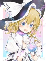 1girl artist_name black_bow black_hat blonde_hair blue_eyes blush bow braid commentary_request curiosities_of_lotus_asia english_text flask hair_bow hat hat_bow heart highres kirisame_marisa long_hair marisa_day minatsuki_yurara official_alternate_costume open_mouth puffy_short_sleeves puffy_sleeves short_sleeves side_braid single_braid sleeve_bow smile solo sweatdrop touhou upper_body white_bow witch_hat wrist_cuffs 