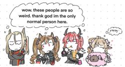  1boy 3girls angelina_(arknights) animal animal_ears ardelia_(arknights) arknights arknights:_endfield baby_animal bird_boy bird_ears black_dress black_horns blonde_hair brown_hair closed_eyes coat commentary crossed_arms cup curled_horns demon_girl demon_horns dolly_(arknights) dress drill_hair drill_ponytail drinking_glass eating english_commentary english_text eyjafjalla_(arknights) finger_to_mouth food fox_ears fox_girl gilberta_(arknights) grey_dress grey_horns head_wings headpiece hellagur_(arknights) high_collar holding holding_animal holding_food holding_ice_cream holding_spoon horns ice_cream laevatain_(arknights) lamb lisalovebot long_hair long_sleeves looking_at_another multiple_girls off_shoulder open_clothes open_coat parfait parfait_glass pogranichnik_(arknights) red_coat red_eyes red_hair shared_thought_bubble sheep sheep_ears sheep_girl sheep_horns simple_background speech_bubble spoon surtr_(arknights) sweatdrop thought_bubble twintails violet_eyes white_background wings 