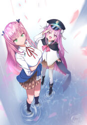  2girls absurdres aikawa_megumi arms_under_breasts black_capelet black_hat capelet commentary_request crossed_arms green_eyes hair_tie hat heaven_burns_red highres kunimi_tama long_hair looking_at_viewer miyake_igd multiple_girls neck_ribbon pink_eyes pink_hair pleated_skirt rain red_ribbon ribbon ripples shirt skirt water white_shirt 