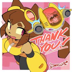  1girl animal_ears bacun black_pants brown_hair cat_ears cat_girl cat_tail commentary dress english_commentary flappers_(gameoverse) furry furry_female gameoverse gauntlets goggles goggles_on_head highres kaboodle_(gameoverse) kit_(gameoverse) official_art open_mouth pants red_eyes sleeveless smile tail thank_you whiskers yellow_dress yellow_gauntlets 