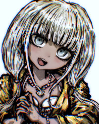  1girl :d blunt_bangs commentary_request danganronpa_(series) danganronpa_v3:_killing_harmony dark-skinned_female dark_skin highres jacket jewelry long_hair long_sleeves low_twintails necklace open_mouth simple_background smile solo teeth tsukihi_shida twintails yonaga_angie 