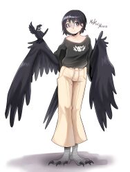  1girl absurdres animal_on_arm bird bird_legs bird_on_arm bird_tail black_eyes black_hair black_shirt blush brown_pants commentary_request crow feathered_wings hair_between_eyes harpy highres mielthemouse monster_girl multicolored_hair original pants shirt short_hair simple_background smile solo standing tail talons two-tone_hair white_background white_hair winged_arms wings 
