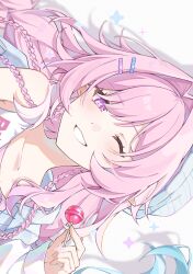  1girl absurdres aqua_hair blue_hat candy commentary cyrene_(demiurge)_(honkai:_star_rail) cyrene_(honkai:_star_rail) cyrene_(nylon_japan)_(honkai:_star_rail) diamond-shaped_pupils diamond_(shape) food hair_intakes hair_ornament hairclip hat highres holding holding_candy holding_food holding_lollipop honkai:_star_rail honkai_(series) lollipop long_hair looking_at_viewer multicolored_hair nya_inuha official_alternate_costume one_eye_closed pink_hair simple_background smile solo symbol-shaped_pupils two-tone_hair untranslatable_commentary very_long_hair violet_eyes 