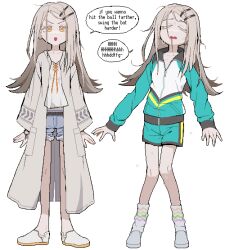  1girl blonde_hair closed_eyes collarbone colored_eyebrows colored_eyelashes denim denim_shorts dizzyspells dot_nose earrings english_text full_body furrowed_brow gakuen_idolmaster gym_uniform hair_ornament hairclip idolmaster jacket jewelry knees_together_feet_apart long_hair looking_at_viewer lowleg lowleg_shorts messy_hair midriff_peek multiple_views official_alternate_costume open_clothes open_mouth open_robe parallel_hairclips pixel_art robe shinosawa_hiro shoes shorts socks speech_bubble sportswear standing sweat sweatdrop talking tank_top wavy_mouth white_background white_robe white_shoes white_socks white_tank_top yellow_eyes 