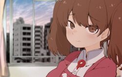  1girl brown_eyes brown_hair building collared_shirt commentary_request curtains dress_shirt highres japanese_clothes kantai_collection kariginu kodachi_(kuroyuri_shoukougun) long_hair looking_at_viewer magatama ryuujou_(kancolle) shirt solo twintails upper_body white_shirt window 