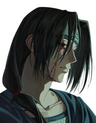  1boy black_hair blood blood_from_eyes blood_on_face blue_shirt closed_mouth facial_mark fishnet_top fishnets forehead_protector from_side highres jewelry konohagakure_symbol korean_commentary long_hair looking_at_viewer low-tied_long_hair low_ponytail male_focus naruto_(series) naruto_shippuuden necklace parted_bangs ponytail portrait red_eyes red_ribbon ribbon shirt solo translated uchiha_itachi uure_177 
