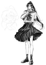  1boy ahoge alternate_costume arm_behind_back bow bowtie chibi chibi_inset closed_mouth contemporary crossdressing crossdressing_(mtf) full_body grandmaster_of_demonic_cultivation greyscale hand_on_own_chin hand_up highres index_finger_raised korean_commentary loafers long_hair looking_at_viewer male_focus monochrome pleated_skirt ponytail ribbon sailor_collar school_uniform serafuku shirt shoes short_sleeves sidelocks simple_background skirt smile socks solo standing tama_(y_ung_1) trap very_long_hair wei_wuxian white_background 