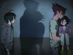  3boys absurdres ahoge alternate_costume arms_at_sides black_hair blush cardigan carrying carrying_person casual closed_eyes commission crossed_arms danganronpa_(series) danganronpa_v3:_killing_harmony denim english_commentary facial_hair from_side frown goatee grey_hoodie hair_between_eyes highres hood hood_down hoodie jeans long_sleeves looking_at_another male_focus medium_hair miri_(bossu_osu) momota_kaito multiple_boys oma_kokichi pants profile purple_cardigan purple_facial_hair purple_hair saihara_shuichi shadow shirt short_hair short_sleeves size_difference slippers spiky_hair standing sweatdrop violet_eyes white_shirt yellow_eyes 