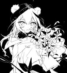  1girl absurdres alternate_costume animal_ears arknights beanie bear_ears bear_girl black_background chinese_commentary commentary_request ears_through_headwear extra_ears flower greyscale hat hat_ornament hat_over_one_ear highres holding holding_flower jacket long_hair looking_at_viewer monochrome open_mouth shuuyakikou simple_background sketch snowflake_hat_ornament solo zima_(arknights) 