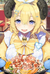  1girl :d absurdres alternate_costume animal_ears apron blonde_hair blue_eyes blush bow bow_hairband bowtie breasts character_name commentary_request curled_horns dress enmaided food gyuudon haimura hair_between_eyes hair_ornament hairband hairclip highres holding holding_plate hololive horns indoors large_breasts long_hair looking_at_viewer maid open_mouth plate restaurant sheep_ears sheep_girl sheep_horns smile solo striped_bow striped_bowtie striped_clothes sweat tsunomaki_watame upper_body violet_eyes virtual_youtuber white_apron white_hairband x_hair_ornament yellow_bow yellow_bowtie yellow_dress 