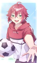  1boy aged_down ahoge ball child commentary ensemble_stars! eyes_visible_through_hair green_eyes hair_between_eyes highres holding holding_ball hood hood_down hoodie isara_mao looking_at_viewer male_focus offering_hand open_hand open_mouth red_hair reijiro short_hair short_sleeves sky smile soccer_ball solo teeth upper_body upper_teeth_only 