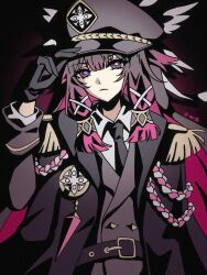  1girl adjusting_clothes adjusting_headwear artist_name belt black_gloves buckle columbina_(genshin_impact) epaulettes fatui_logo genshin_impact gloves hair_between_eyes hair_ornament hand_on_headwear highres liuyun_(liuyun73492) long_hair long_sidelocks military_uniform multicolored_hair necktie portrait serious shoulder_pads sidelocks solo two-tone_hair upper_body violet_eyes wing_hair_ornament wings 