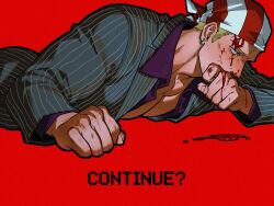  1boy bandana billy_kane black_suit blonde_hair blood blood_from_forehead blood_on_face blood_on_hand blue_hair clenched_hands collared_shirt earrings english_commentary fatal_fury formal_clothes highres injury jewelry looking_afar lying male_focus muscular muscular_male official_alternate_costume on_stomach partially_unbuttoned pectorals plasticcero99 purple_shirt red_background shirt short_hair simple_background solo striped_suit suit the_king_of_fighters wiping_mouth 
