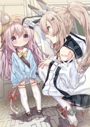  2girls age_difference animal_ear_fluff animal_ears ayanami_(azur_lane) azur_lane bandaid bandaid_on_arm bell black_sailor_collar blue_shirt bow bowtie buttons cat_ears cat_girl cat_tail child comforting ears_through_headwear hair_ornament hair_ribbon hand_on_own_knee hat headpat height_difference highres holding holding_own_skirt indoors industrial_pipe jacket jingle_bell kindergarten_uniform kisaragi_(azur_lane) lifebuoy_ornament long_hair looking_at_another mary_janes mechanical_ears multiple_girls pink_hair pink_tail ponytail raised_inner_eyebrows red_ribbon ribbon rudder_footwear sad sailor_collar sawada_takiguchi school_hat shirt shoes shoulder_strap skirt squatting tail tail_bell tail_bow tail_ornament tearing_up tears thigh-highs tiles unworn_shirt violet_eyes wet wet_clothes white_hair white_jacket white_thighhighs yellow_bow yellow_bowtie yellow_eyes yellow_skirt 