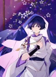  1boy armor black_bow black_sash blue_veil blunt_ends bow cherry_blossoms choppy_bangs clenched_hand closed_mouth cowboy_shot eyeliner fingernails genshin_impact hand_on_own_chest hand_up highres himalayas0 japanese_armor japanese_clothes kariginu kimono kote kurokote layered_sleeves long_sleeves looking_to_the_side makeup male_focus pants pelvic_curtain pink_veil plant_print purple_bow purple_kimono purple_sleeves red_eyeliner sash scaramouche_(genshin_impact) scaramouche_(kabukimono)_(genshin_impact) shouji sliding_doors solo tasuki tsurime two-sided_veil veil violet_eyes white_pants white_sleeves 