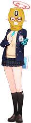  1girl arm_behind_back armband ayane_(blue_archive) balaclava black_hair black_skirt black_socks blue_archive blue_jacket blue_necktie brown_shoes buttons clenched_hand closed_eyes closed_mouth clothes_writing covered_face facing_viewer full_body game_asset glasses halo hand_on_own_chest hand_up happy highres holding holding_tablet_pc hwansang id_card jacket kneehighs large_variant_set layered_sleeves legs legs_together miniskirt necktie official_art open_clothes open_jacket plaid_clothes plaid_skirt pleated_skirt pocket pointy_ears red-framed_eyewear red_halo safety_pin school_uniform shirt shoes simple_background skirt smile socks solo standing sweater tablet_pc tachi-e thighs third-party_source transparent_background u_u variant_set white_shirt yellow_sweater 