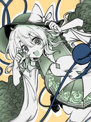  1girl :d ahoge arms_up blouse blush boots bow bright_pupils buttons collarbone commentary contrast_collar diamond_button disembodied_linked_eye dot_nose drop_shadow efukei eyeball fingernails floral_print frilled_shirt_collar frilled_sleeves frills hair_between_eyes hat hat_bow highres komeiji_koishi limited_palette long_sleeves looking_at_viewer medium_hair open_mouth pleated_skirt ribbon rose_print sharp_fingernails shirt simple_background skirt smile solo standing standing_on_one_leg touhou wide_sleeves yellow_background 