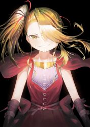  1girl absurdres back_bow bandages bare_shoulders belt black_background blonde_hair bow cape capelet character_name commentary dark_background deathpolca demons_roots dress english_commentary gloves green_eyes grin hair_over_one_eye hair_ribbon highres lhunterz long_hair looking_at_viewer multicolored_hair one_eye_covered parted_lips ponytail red_bow red_cape red_capelet red_dress red_ribbon ribbon side_ponytail sidelocks simple_background sleeveless sleeveless_dress smile smirk smug solo streaked_hair teeth waist_bow 