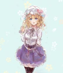  ! 1girl arm_behind_back belt black_belt black_ribbon black_thighhighs blonde_hair blue_background blue_eyes blush bow commentary floral_background frilled_shirt frilled_shirt_collar frilled_skirt frills hat hat_bow highres index_finger_raised long_hair long_sleeves maribel_hearn mob_cap neck_ribbon open_mouth purple_skirt red_bow ribbon shirt skirt solo standing thigh-highs touhou uwazumi white_hat white_shirt 