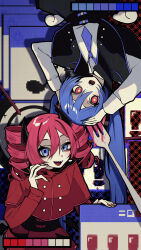  2girls absurdres bags_under_eyes black_capelet black_horns black_skirt blue_eyes blue_hair blue_nails blue_necktie capelet collared_shirt cross-shaped_pupils daidaidaidaidaikirai drill_hair epaulettes forced_smile fork frilled_skirt frills hair_between_eyes hands_on_own_head hatsune_miku high-waist_skirt highres horns kasane_teto long_hair long_sleeves looking_at_viewer low_wings multiple_girls necktie open_mouth pleated_skirt progress_bar red_capelet red_eyes red_hair red_nails red_skirt sharp_teeth shirt skirt smile soregashi_nk sweatdrop symbol-shaped_pupils teeth twin_drills twintails utau vocaloid white_shirt wings 