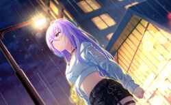  1girl belt black_belt black_border black_choker black_shorts blurry border breasts choker city_lights cityscape closed_mouth commentary_request crop_top from_below game_asset hair_between_eyes highres jacket lamppost lens_flare letterboxed long_hair long_sleeves midriff navel night non-web_source official_art outdoors pillarboxed purple_hair rain renjakuno_hatsumi self-datamine shirt shooting_star short_shorts shorts sky solo standing sunset thigh_strap violet_eyes wet white_shirt world_dai_star 
