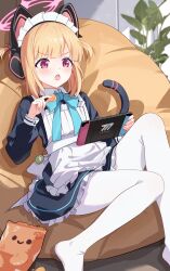  1girl absurdres animal_ear_headphones animal_ears apron bag_of_chips bean_bag_chair black_dress blonde_hair blue_archive blue_bow blush bow cat_ear_headphones cat_ears cat_tail chips_(food) commentary dress fake_animal_ears fake_tail food frilled_apron frilled_dress frills halo handheld_game_console headphones highres holding holding_food holding_handheld_game_console long_sleeves maid maid_apron maid_headdress momoi_(blue_archive) momoi_(maid)_(blue_archive) no_shoes official_alternate_costume official_alternate_hairstyle open_mouth pantyhose pink_eyes pink_halo plant playing_games playing_video_games potato_chips short_twintails solo tail twintails v-shaped_eyebrows virtual_pet_(toy) white_apron white_pantyhose xiongji_z_z 