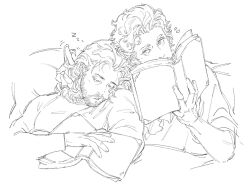  2boys astarion baldur's_gate baldur's_gate_3 beard blanket book closed_eyes curly_hair dungeons_&amp;_dragons eliza_fox facial_hair gale_(baldur's_gate) greyscale hair_slicked_back highres holding holding_book leaning_on_person lying male_focus medium_hair monochrome multiple_boys on_bed pillow pointy_ears shirt short_hair simple_background sketch sleeping twirling_hair upper_body wavy_hair white_background zzz 