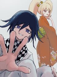  1boy 1girl black_hair blonde_hair blush_stickers bow cat_hair_ornament checkered_clothes checkered_scarf commentary_request danganronpa_(series) danganronpa_2:_goodbye_despair danganronpa_v3:_killing_harmony flipped_hair foreshortening green_bow green_sash grey_background hair_between_eyes hair_bow hair_ornament highres japanese_clothes kimono knees_up long_hair long_sleeves looking_at_viewer looking_back obi oguma_(ogm) oma_kokichi orange_eyes orange_kimono pants reaching reaching_towards_viewer saionji_hiyoko sash scarf short_hair simple_background sitting smile smirk standing sweatdrop teeth twintails two-tone_scarf violet_eyes 