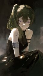  1girl absurdres arm_strap armlet black_dress breasts doremy dress green_hair hair_between_eyes half-closed_eyes highres jewelry long_hair side_ponytail small_breasts solo sousou_no_frieren ubel_(sousou_no_frieren) violet_eyes 
