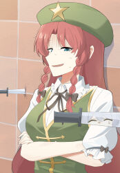  2girls anger_vein angry beret black_ribbon blue_eyes braid collared_shirt commentary_request crossed_arms green_hat green_vest hat hat_ornament highres hong_meiling izayoi_sakuya kagetora1552 knife long_hair meiling_day multiple_girls neck_ribbon nervous_smile nervous_sweating open_mouth puffy_short_sleeves puffy_sleeves red_hair ribbon shirt short_sleeves smile solo_focus star_(symbol) star_hat_ornament sweat touhou twin_braids upper_body very_long_hair vest white_shirt 
