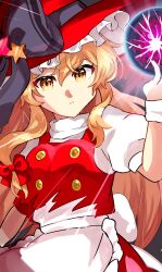  1girl alternate_color apron back_bow black_bow blonde_hair bow commentary_request energy_ball hair_bow hat hat_bow hat_ornament highres kirisame_marisa kirisame_marisa_(witch_of_scarlet_dreams) long_hair looking_at_viewer marione puffy_short_sleeves puffy_sleeves red_bow red_hat red_skirt red_vest short_sleeves skirt solo star_(symbol) star_hat_ornament torn_vest touhou touhou_lostword vest waist_apron watermark white_apron white_bow witch_hat yellow_eyes 