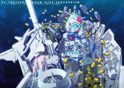  beam_cannon beam_rifle chibi commentary_request energy_gun glowing glowing_eyes green_eyes gun gundam gundam_0083 gundam_gp-03_dendrobium gundam_gp-03_stamen holding holding_gun holding_weapon mecha missile missile_pod mobile_armor mobile_suit no_humans robot space susagane v-fin weapon 