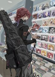  1boy alternate_costume ange_katrina ange_katrina_(1st_costume) black_nails black_shirt cd cd_case chain chain_necklace commentary cowboy_shot facing_away fura_kanato fushimi_gaku fushimi_gaku_(1st_costume) fuwa_minato fuwa_minato_(2nd_costume) glasses green_eyes grey_pants hair_between_eyes hair_bun highres holding_cd honma_himawari honma_himawari_(1st_costume) hoshi_129 instrument_case instrument_case_on_back jewelry kagami_hayato kaida_haru kanae_(14th_costume)_(nijisanji) kanae_(16th_costume)_(nijisanji) kanae_(nijisanji) kenmochi_touya lauren_iroas long_sleeves makaino_ririmu makaino_ririmu_(4th_costume) mask mouth_mask mouth_mask_under_chin nagao_kei nagao_kei_(1st_costume) necklace nijisanji pants red_hair rof-mao saegusa_akina saegusa_akina_(1st_costume) seraph_dazzlegarden shikinagi_akira shirt solo turtleneck virtual_youtuber voltaction watarai_hibari yuuhi_riri yuuhi_riri_(1st_costume) 