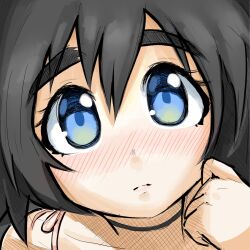  bikini black_choker black_hair blue_eyes blush choker embarrassed from_above frown highres looking_at_viewer official_alternate_costume optaku pink_bikini science_adventure shiina_mayuri steins;gate swimsuit 