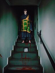  1boy absurdres almondtofu_boy black_hair black_kimono cube highres japanese_clothes jujutsu_kaisen kenjaku kesa kimono long_hair looking_at_viewer male_focus prison_realm_(jujutsu_kaisen) robe scar scar_on_face scar_on_forehead smile stairs stitched_forehead stitches wide_sleeves 