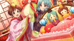  2girls :d :q breasts brown_eyes cake card_commentary closed_mouth commentary_request dutch_angle food game_asset green_eyes green_hair icing idolmaster idolmaster_million_live! idolmaster_million_live!_theater_days kinoshita_hinata multiple_girls official_art open_mouth oversized_food oversized_object pastry_bag short_hair smile standing third-party_source tokugawa_matsuri tongue tongue_out wide_sleeves 