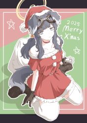  1girl 2025 absurdres alternate_costume animal_ears bare_shoulders belt black_hair blue_archive boots brown_boots brown_gloves choker christmas closed_mouth commentary dog_ears dog_girl dog_tail dress ears_down full_body fur-trimmed_boots fur-trimmed_dress fur_trim gloves goggles goggles_on_head grey_eyes hair_bobbles hair_ornament halo hariyaa hat hibiki_(blue_archive) highres holding holding_sack light_blush long_hair looking_at_viewer low_twintails merry_christmas off-shoulder_dress off_shoulder outline pom_pom_(clothes) red_dress sack santa_costume santa_hat shadow short_sleeves sitting smile solo star_(symbol) tail thigh-highs twintails wariza white_outline white_thighhighs 