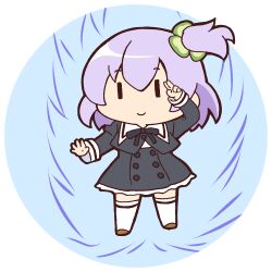  1girl assault_lily black_skirt blue_background border brown_shoes chibi chibi_only closed_mouth clover commentary_request cropped_jacket four-leaf_clover full_body hands_up high-waist_skirt hitotsuyanagi_riri juliet_sleeves long_sleeves looking_at_viewer lowres masaki_itsuki miniskirt official_alternate_hair_color one_side_up open_hand puffy_sleeves round_border salute school_uniform shoes short_hair simple_background skirt smile solo standing thigh-highs transparent_background two-finger_salute white_thighhighs yurigaoka_girls_academy_school_uniform zettai_ryouiki |_| 