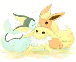  black_eyes brown_eyes closed_mouth commentary_request flareon jolteon lying no_humans open_mouth pokemon pokemon_(creature) pokemon_focus rioon_fish smile tail twitter_username vaporeon 