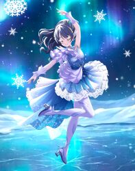  1girl absurdres arms_up blue_dress blue_hair blue_shoes blush breasts closed_eyes closed_mouth commentary dress facing_viewer frilled_dress frills full_body hair_ornament highres icy_(love_live!) kujo_awenn leg_up long_hair love_live! love_live!_hasu_no_sora_jogakuin_school_idol_club murano_sayaka pantyhose ponytail shoes short_dress single_sleeve small_breasts smile snowflakes solo u_u virtual_youtuber white_pantyhose wing_hair_ornament 