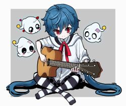  1girl absurdres blue_hair chromashift commentary crossed_legs ghost guitar highres holding holding_guitar holding_instrument hood hoodie instrument long_hair low_twintails mat_(matdesenheiro) no_shoes playing_guitar playing_instrument red_eyes red_ribbon ribbon sitting smile striped_clothes striped_thighhighs thigh-highs twintails untranslatable_commentary very_long_hair virtual_youtuber white_hoodie yuko_yurei 