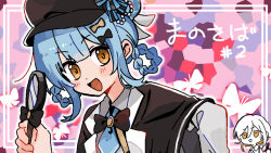  2girls :d black_bow black_bowtie black_capelet black_hat blue_hair blush bow bowtie braid braided_hair_rings bug butterfly capelet character_request chibi collared_shirt commentary_request corn_kuten double-parted_bangs hair_rings hat holding holding_magnifying_glass looking_at_viewer magnifying_glass mahou_shoujo_no_majo_saiban multiple_girls open_mouth orange_eyes pink_background portrait shirt short_hair smile tachibana_sherry white_shirt 