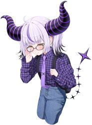  1girl absurdres adjusting_eyewear ahoge alternate_costume alternate_hairstyle backpack bag black-framed_eyewear black_bag black_horns blunt_bangs blush closed_mouth collared_shirt commentary cropped_legs demon_horns denim embarrassed glasses grey_hair highres holding holding_bag hololive horns jeans la+_darknesss long_necktie long_sleeves looking_at_viewer medium_hair multicolored_hair multicolored_horns necktie necktie_tucked_into_waistband nervous_sweating nikumega pants plaid_clothes plaid_shirt pointy_ears purple_hair purple_horns purple_necktie purple_shirt purple_streaks shirt simple_background solo streaked_hair striped_horns sweat tail twintails two-tone_horns untranslatable_commentary virtual_youtuber white_background yellow_eyes 