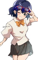  1girl :d ;d adjusting_eyewear artist_name blue_hair blush bow bowtie collared_shirt commentary eyewear_on_head glasses green_eyes grey_skirt grin hand_on_eyewear highres inazuma_eleven_(series) inazuma_eleven_go looking_at_viewer one_eye_closed open_mouth otonashi_haruna pleated_skirt red-framed_eyewear sakunjak shirt short_hair short_sleeves simple_background skirt smile solo white_background white_shirt yellow_bow yellow_bowtie 